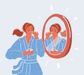 Vector illustration of skin care, woman. Female character looking at the mirror, cover her faceskin by cream at white