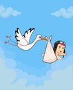 Cartoon vector illustration with stork bringing cute baby girl Royalty Free Stock Photo