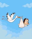 Cartoon vector illustration with stork carrying cute baby boy Royalty Free Stock Photo