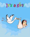 Cartoon vector illustration with stork carrying cute baby girl Royalty Free Stock Photo