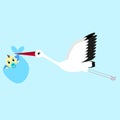 Cartoon vector illustration of a stork delivering a newborn baby boy Royalty Free Stock Photo