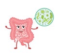 Cartoon vector illustration strong healthy happy Intestine.Stomach character illustration icon design. Microscopic bacterias. micr