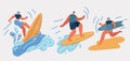 Vector illustration of Surfing people. Surfer standing on surf board in wave, surfers on beach.