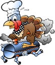 Cartoon Vector illustration of an Thanksgiving Turkey Chef riding a BBQ grill barrel