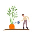 Cartoon vector illustration of tiny man growing carrot on white