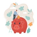 Vector illustration of tiny man put happy coin into piggy bank.