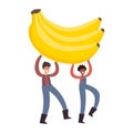 Cartoon vector illustration with tiny people holding bananas on white. Royalty Free Stock Photo