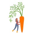 Cartoon vector illustration with tiny woman holding carrot on white