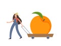 Cartoon vector illustration with tiny woman holding handcart with peach