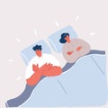 Vector illustration of Upset couple having marital problems or a disagreement lying side by side in bed facing in