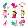 A cartoon vector illustration of whimsical retro Alice In Wonderland theme icons and characters. Included in this set:- Smoking
