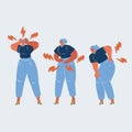 Vector illustration of woman with body pain in different part. Head, back, and stomack. Pms concept.