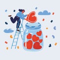 Vector illustration of woman collect broken heart in big glass jar