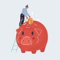 Vector illustration of woman holding coin in big pink piggy bank. isolated white Royalty Free Stock Photo