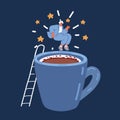 Cartoon vector illustration of woman jump into big coffe mug