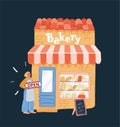 Vector illustration of Woman putting an Open sign at the door of a backery store, Object and character on dark backround