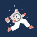 Cartoon vector illustration of woman running with the big clock in her hands. Concept lack of time. Very busy run.