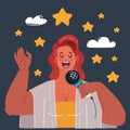 Vector illustration of woman sings into the mic song and star around her. Character on dark background.