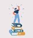 Vector illustration of Woman standing on pile of books in graduated hat with diploma in her hand