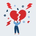 Vector illustration of woman tearing apart heart symbol