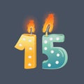 15 years birthday card. Candles on dark background Royalty Free Stock Photo