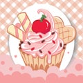 Cartoon vector illustrations of cupcakes with seamless pattern. Sweets for birthday party. Sweet dessert food and birthday yummy