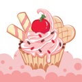 Cartoon vector illustrations of cupcakes. Sweets for birthday party. Sweet dessert food and birthday yummy cupcake