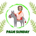 A cartoon vector of Jesus riding a donkey on Palm Sunday with a circle and palm leaves in a picture. Illustration