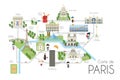 Cartoon vector map of the city of Paris, France. Travel illustration with landmarks and main attractions