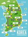 Cartoon vector map of South Korea. Travel illustration with south korean main cities.