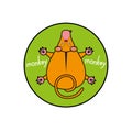 Cartoon vector monkey. marmoset top view. Inscribed in a circle as an emblem green background.