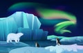 Cartoon vector nature winter arctic ice landscape with iceberg, snow mountains hills. Polar night with aurora borealis Royalty Free Stock Photo