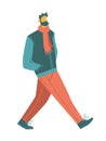 Cartoon vector people. a bearded walking man wearing casual clothes: scarf, jacket, jeans, boots. isolated casual people vector. Royalty Free Stock Photo