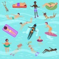 Cartoon vector people set in sea or ocean performing various activities. Male and female sunbathing, swimming, diving