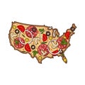 Cartoon vector pizza. Map of USA in the form of pizza. Pizza in the form of a map of USA.
