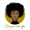 Cartoon vector portrait of an Afro American girl with curly hair, big eyes and golden earrings. Fashion Illustration on white back