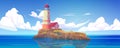 Lighthouse on rocky island. Sea vector landscape