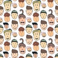 Cartoon vector seamless pattern with illustration of peoples faces. Joyful kids hand drawn background