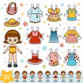 Cartoon vector set, cute paper doll and set of summer clothes