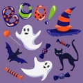 Cartoon vector set of elements for Halloween. Striped witch hat, ghosts, bat, cat, sweets, lettering boo