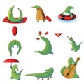 Cartoon vector set of humanized crocodiles in different situations. Wild alligator. Funny humanized animal