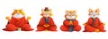 Cartoon vector set of meditating cats. An orange cat with white fluff, wearing a red Chinese robe, sits in a lotus plant