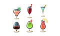 Cartoon vector set of various cocktails in glasses. Tasty alcoholic drinks with umbrellas and fruits Royalty Free Stock Photo