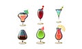 Cartoon vector set of various cocktails in glasses. Tasty alcoholic drinks with umbrellas and fruits