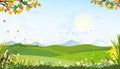 Cartoon vector Spring landscape with mountain, .blue sky and cloud, Panorama green fields on sunny day summer,Peaceful nature in Royalty Free Stock Photo