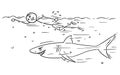 Cartoon Vector Stick Man Relaxing Swimming Crawl with Shark Swim