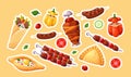 Cartoon Vector Stickers Set Of Eastern Food. Kebabs, Khachapuri, Stuffed Bell Pepper And Shawarma With Bold Flavors