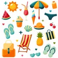 Cartoon vector summer set with beach elements. Summertime vibes, stickers. Fruits, bags, clothes and cocktails Royalty Free Stock Photo