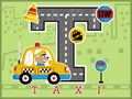 Cartoon vector of funny bear driving taxi in the road with many traffic signs