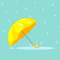 Cartoon vector yellow umbrella with blue puddle under it. Falling raindrops